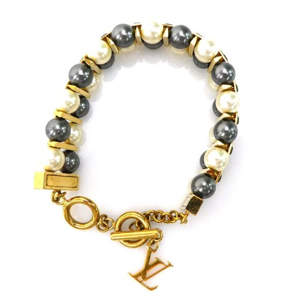 Auth LOUIS VUITTON Bracelet Gold/Off White/Gray Metal/Faux Pearl - Picture 3 of 9